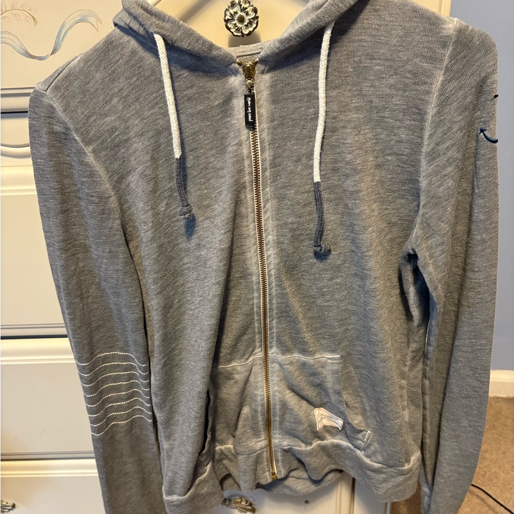 Gray Zip-Up Hoodie Sweatshirt with Ribbed Detailing